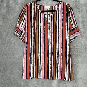 Van Heusen XL Shirt Top Pink Striped Flutter Short Sleeve Keyhole Scoop Neck
